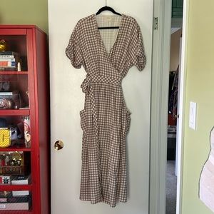 Large Urban Outfitters tan and white gingham wrap maxi dress